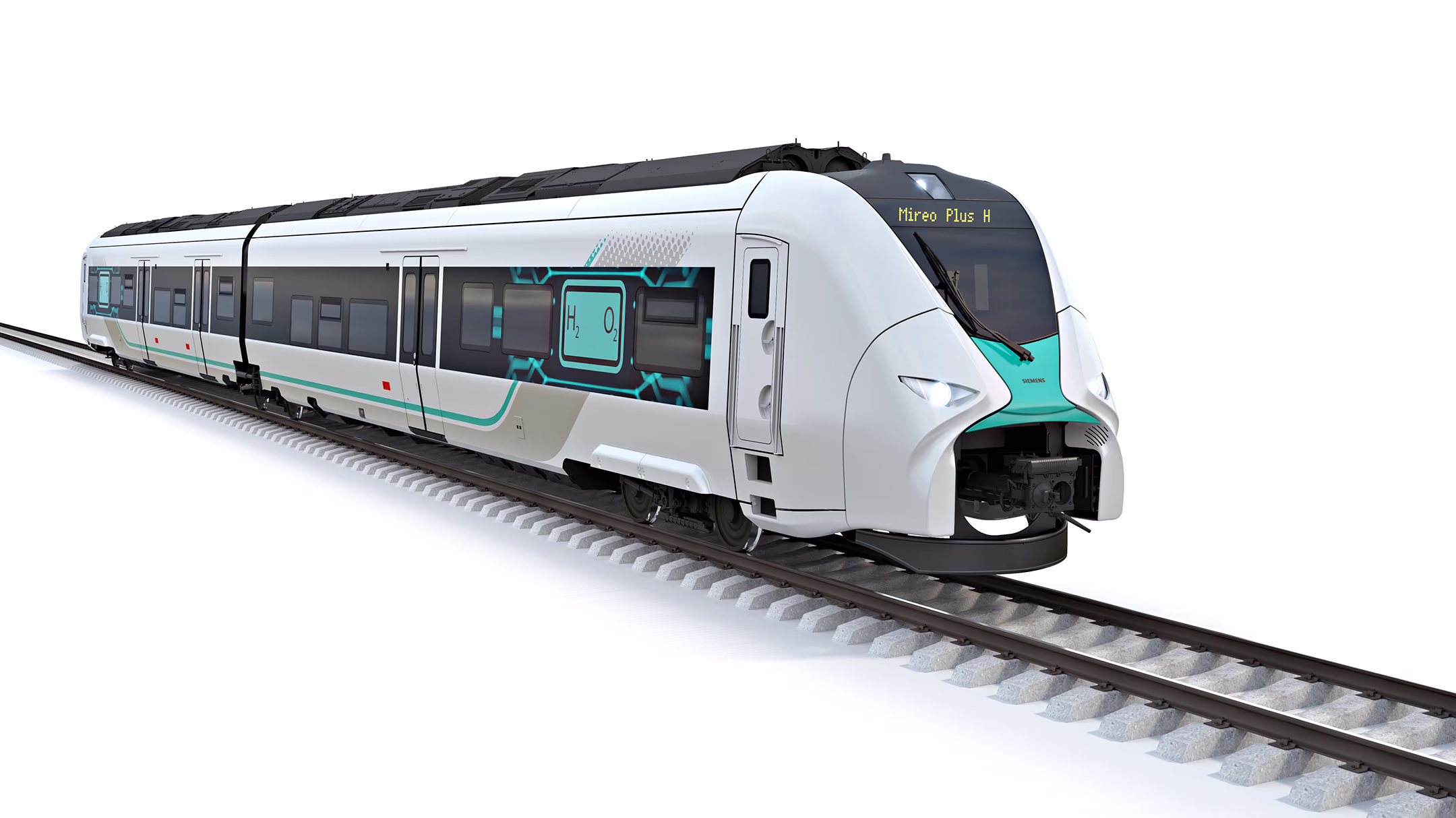 Picture of Siemens Mobility Mireo Plus H hydrogen train in front of white background Siemens Mobility hydrogen train Mireo Plus H