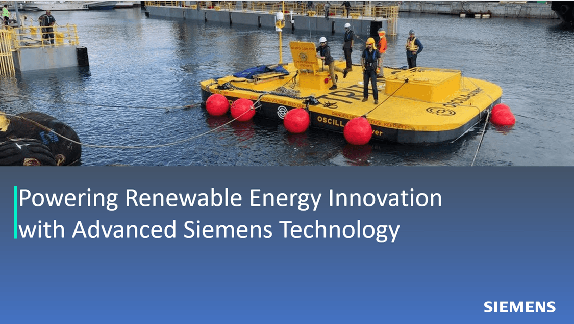 Image depicts Oscilla Power's Triton float on the water. Image reads "Powering Renewable Energy Innovation with Advanced Siemens Technology"