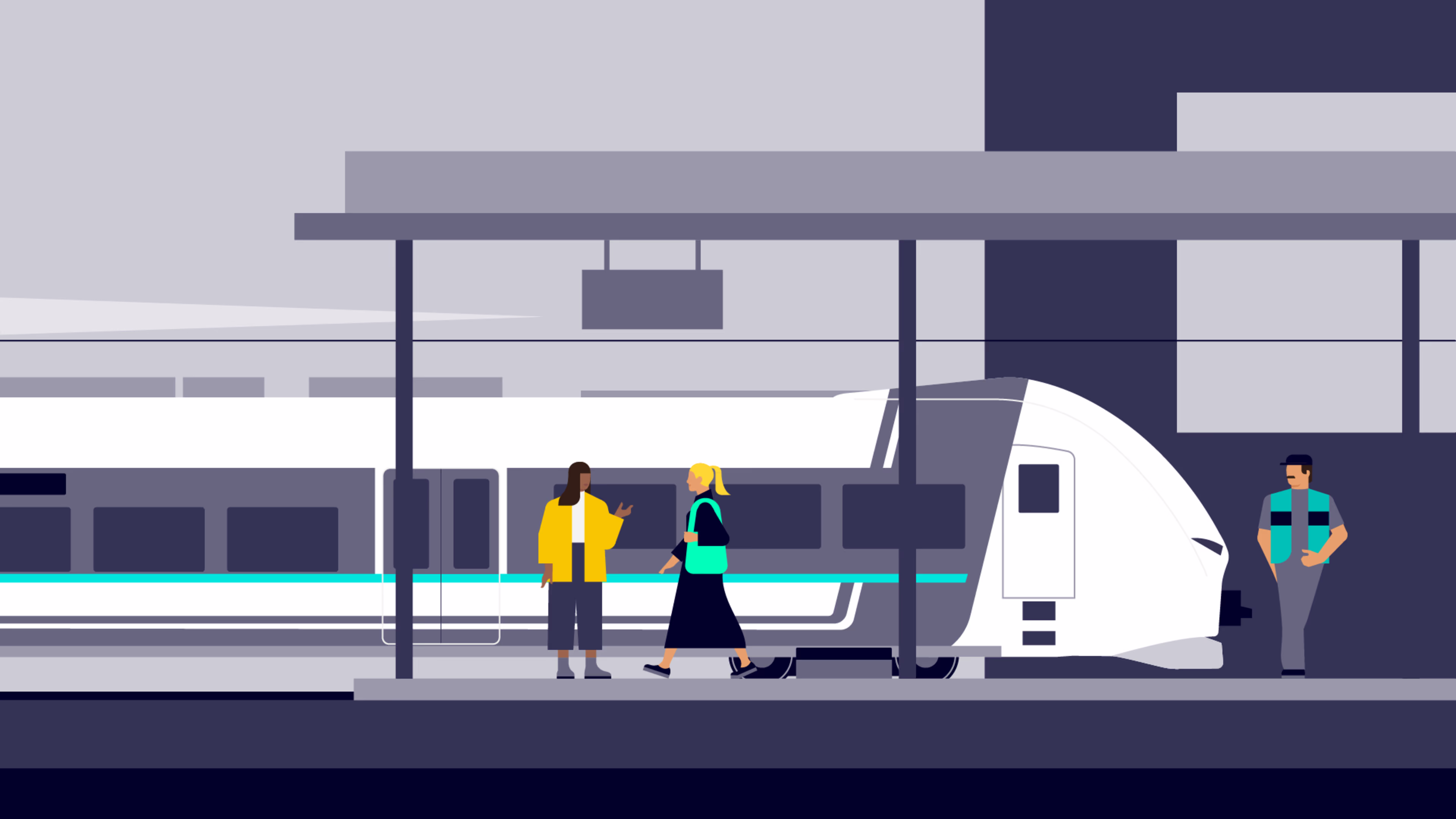 Graphic with fully automated train stopped at platform. Graphic AutomatedTrain Stopping at a platform