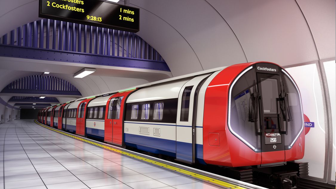 Eine Siemens Mobility Inspiro Metro am Bahnsteig einer Metro-Station in London.