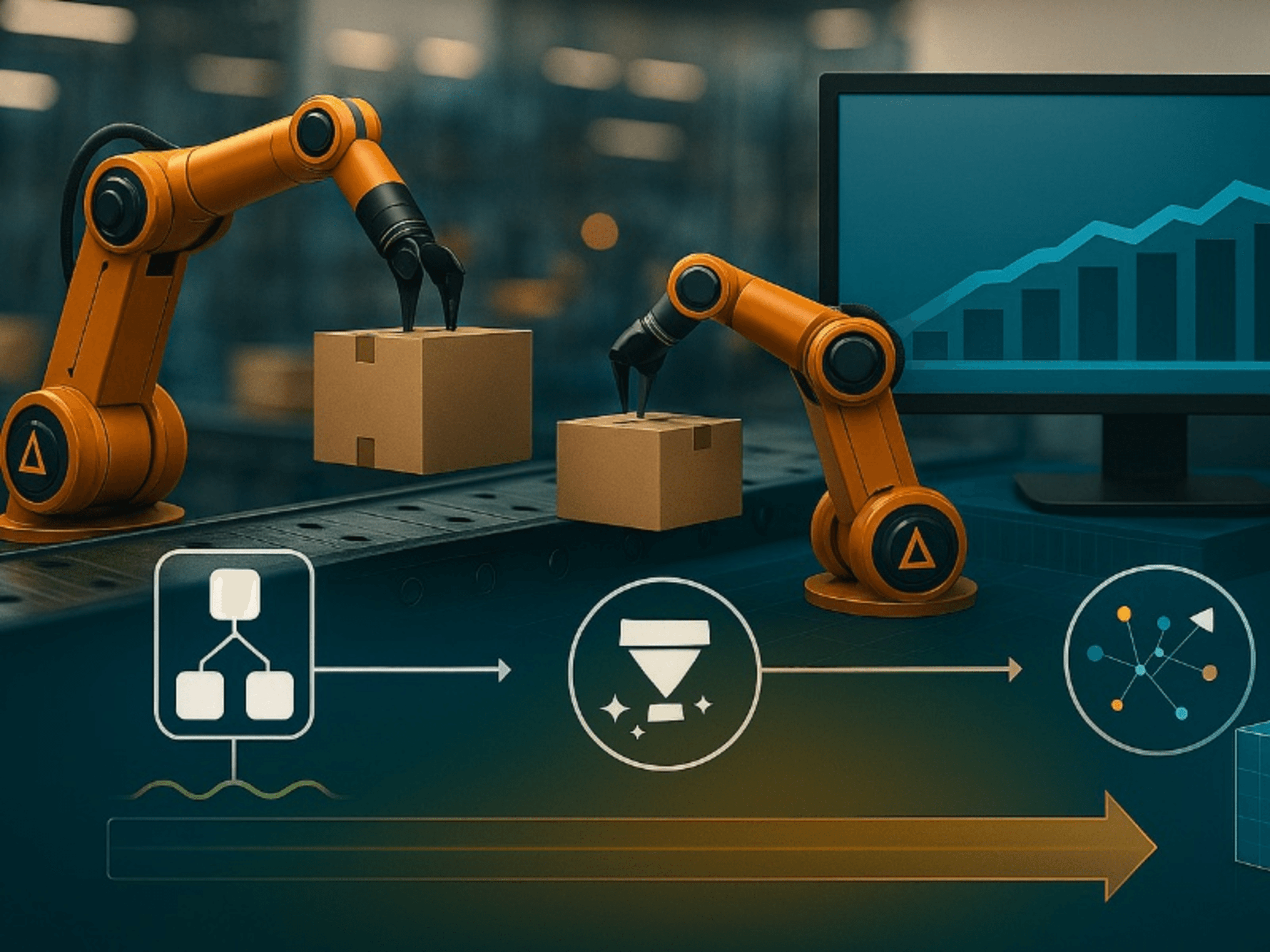 Robotic arms handling boxes on assembly line