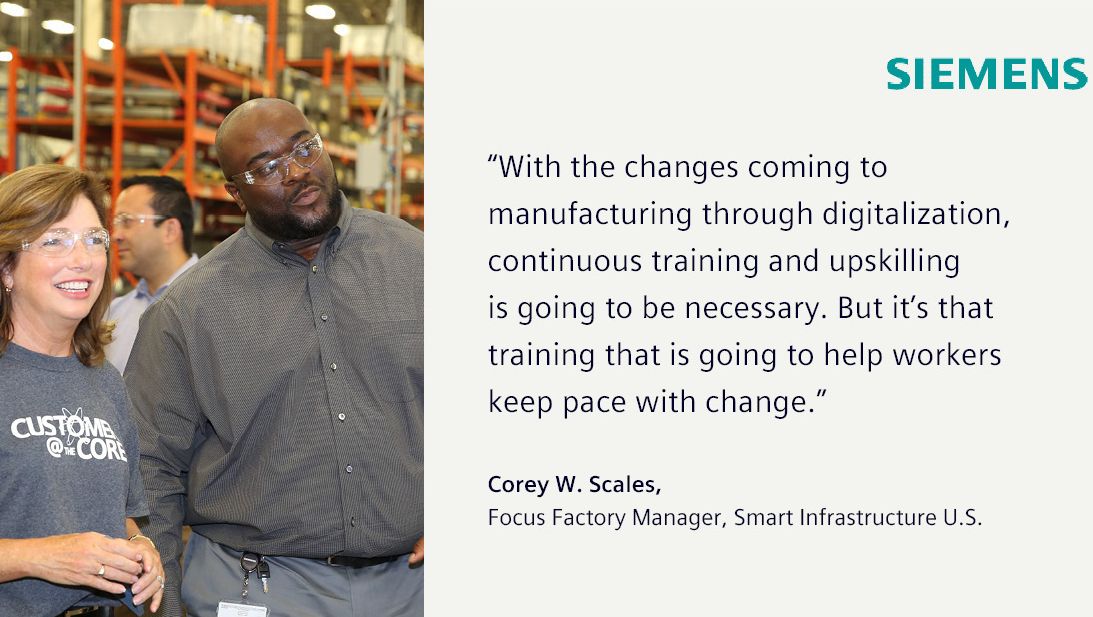 Barbara Humpton, CEO Siemens USA, and Corey Scales, Siemens Factory Manager, on a factory tour
