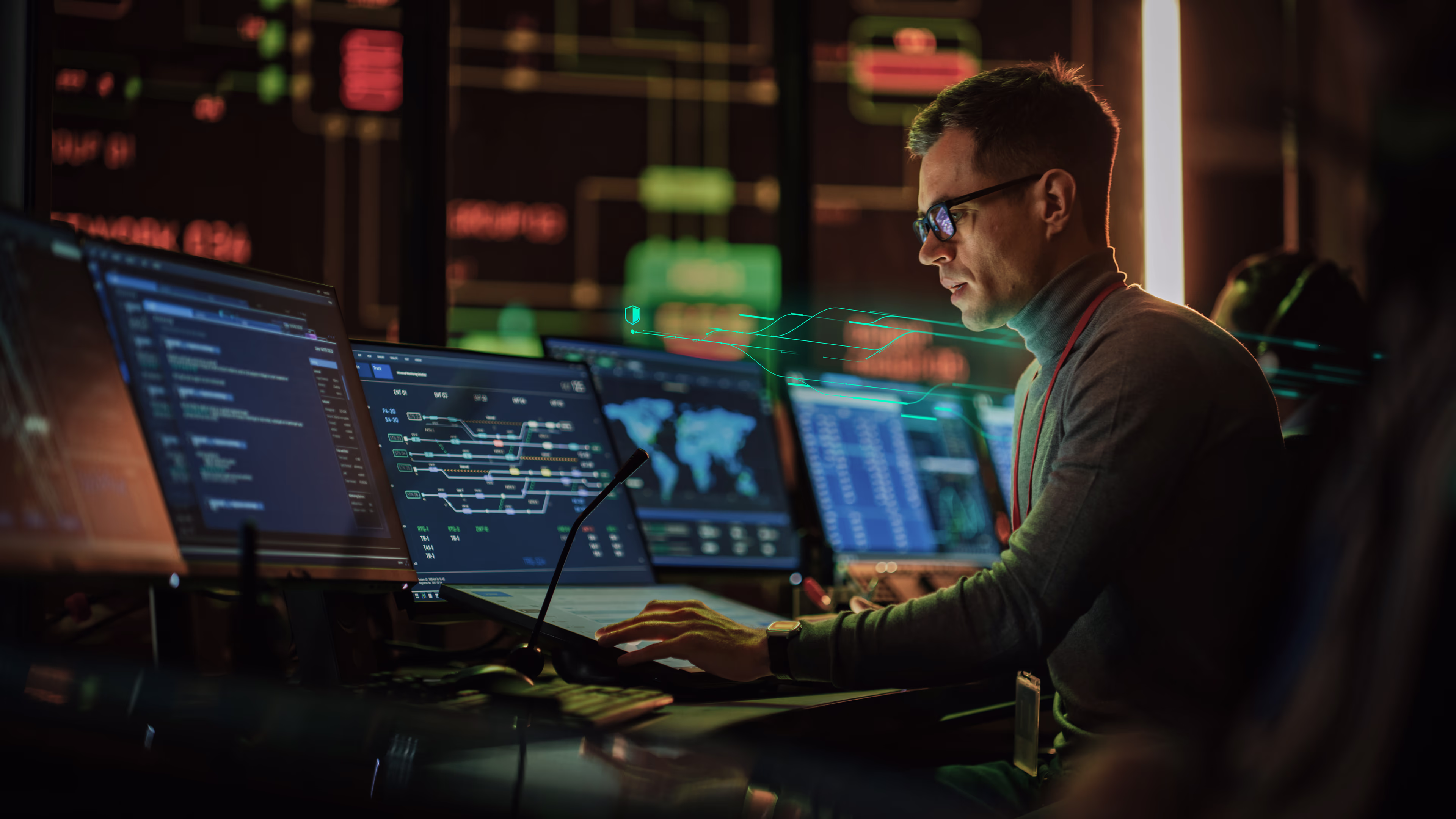 A man sitting at a desk in front of two monitors showing different data visualizations. mobility-cybersecurity-monitors