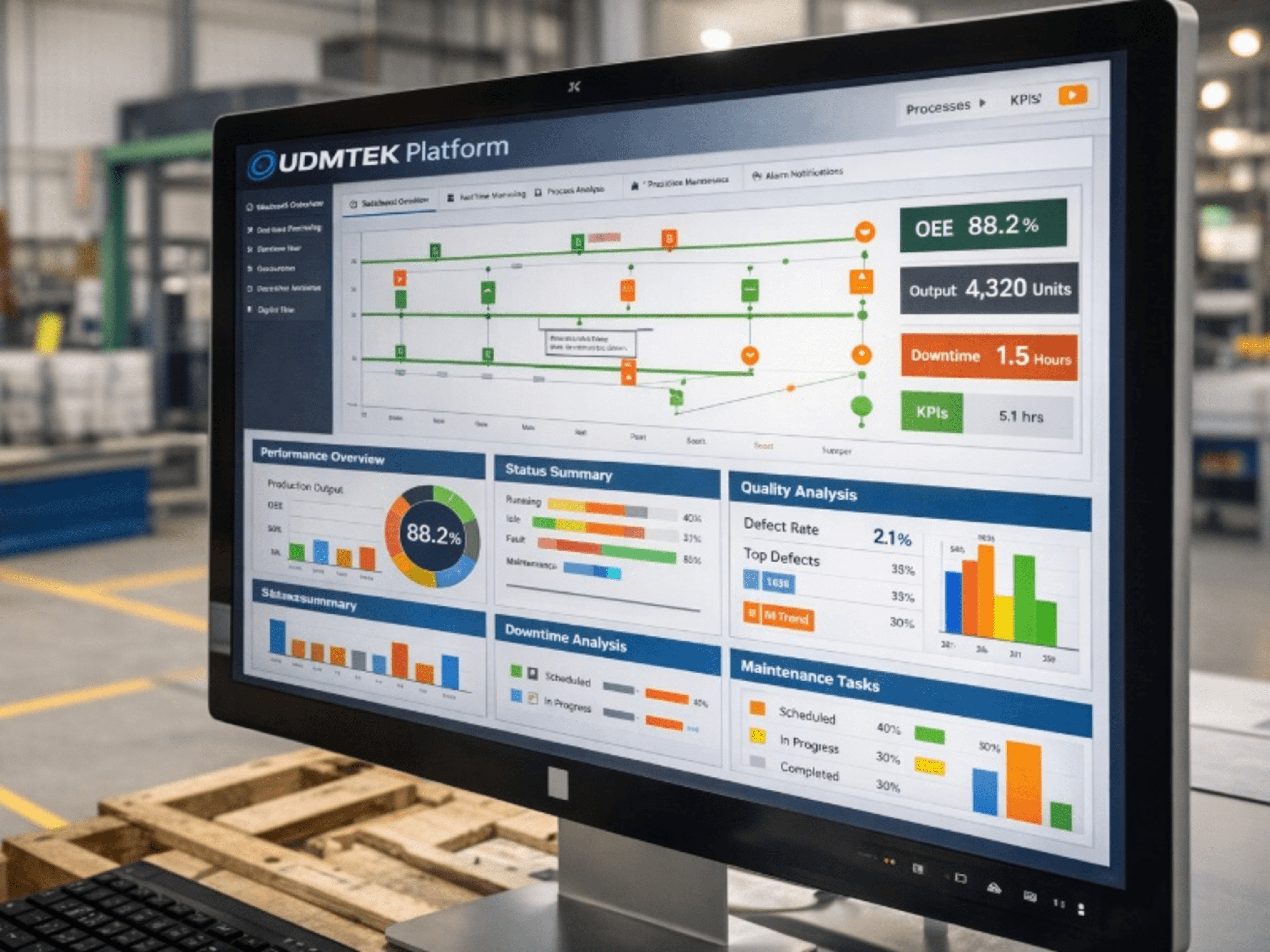 Manufacturing dashboard on monitor in warehouse