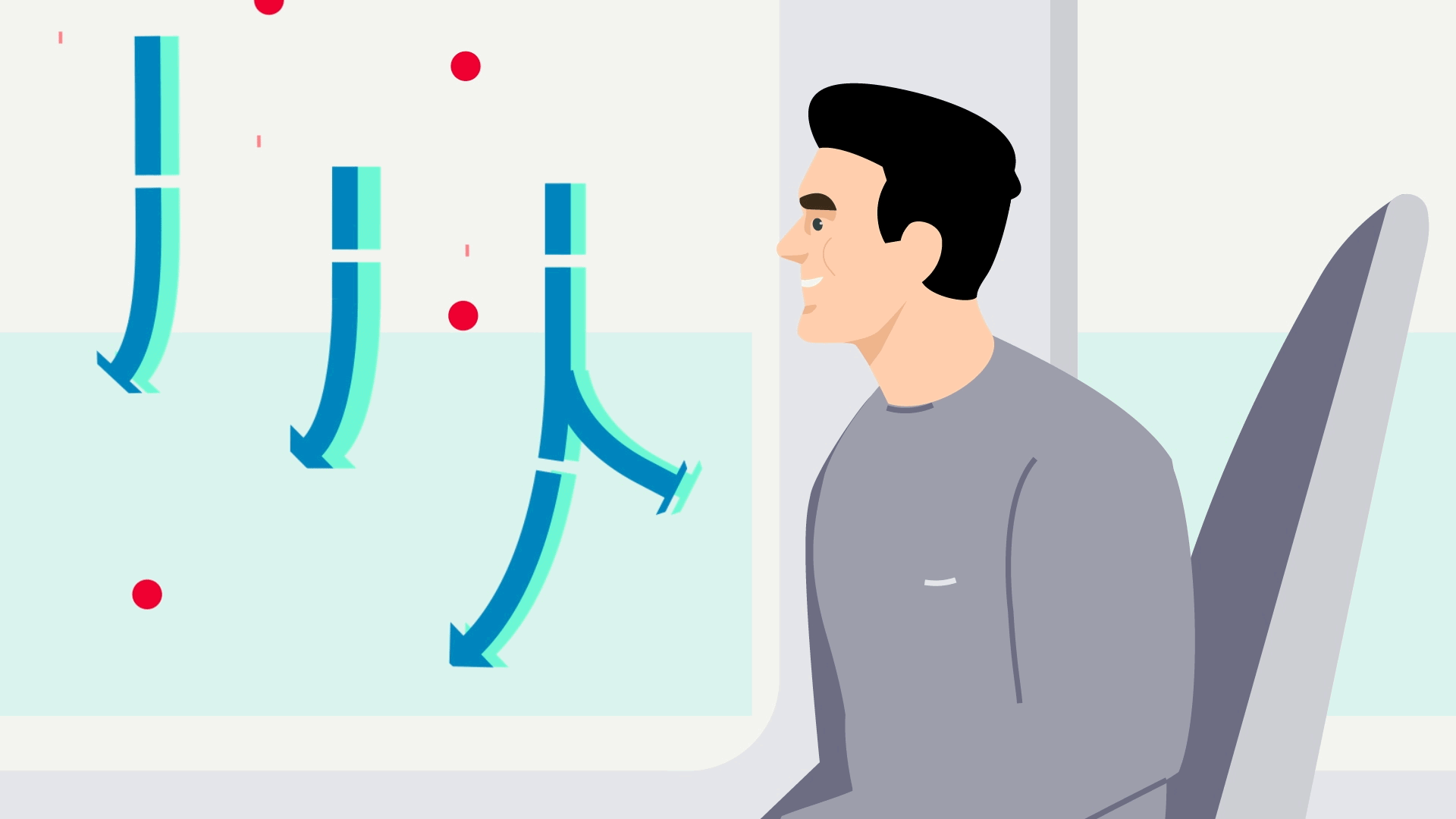 Eine kurze animierte Infografik zeigt, wie die Stärke und Geschwindigkeit des Zuluftstroms das Risiko mindert, dass COVID-19-Viren von Passagieren im Zug eingeatmet werden können.