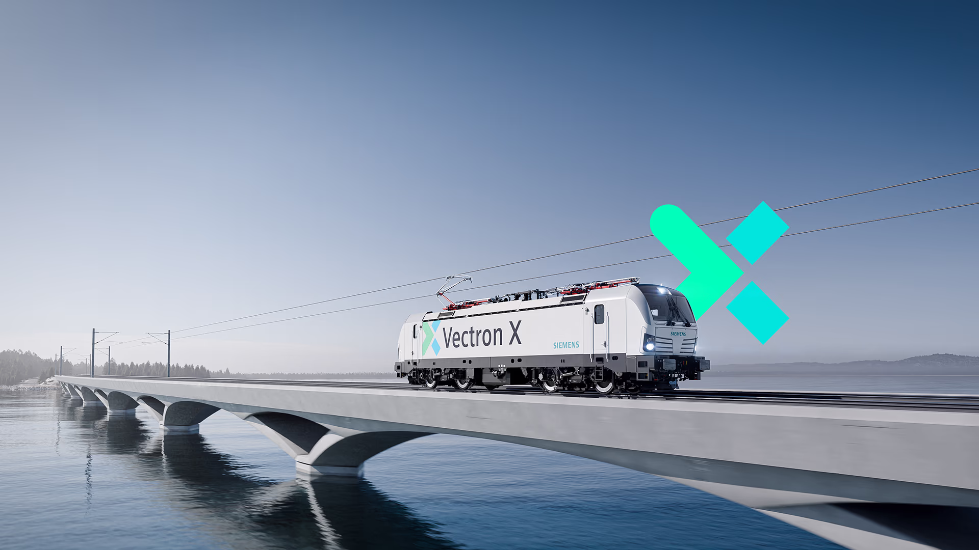 Vectron X fährt über eine Brücke. Die Xcelerator-Shape ist neben der Lok sichtbar. Siemens Mobility Vectron X Key Visual Tech