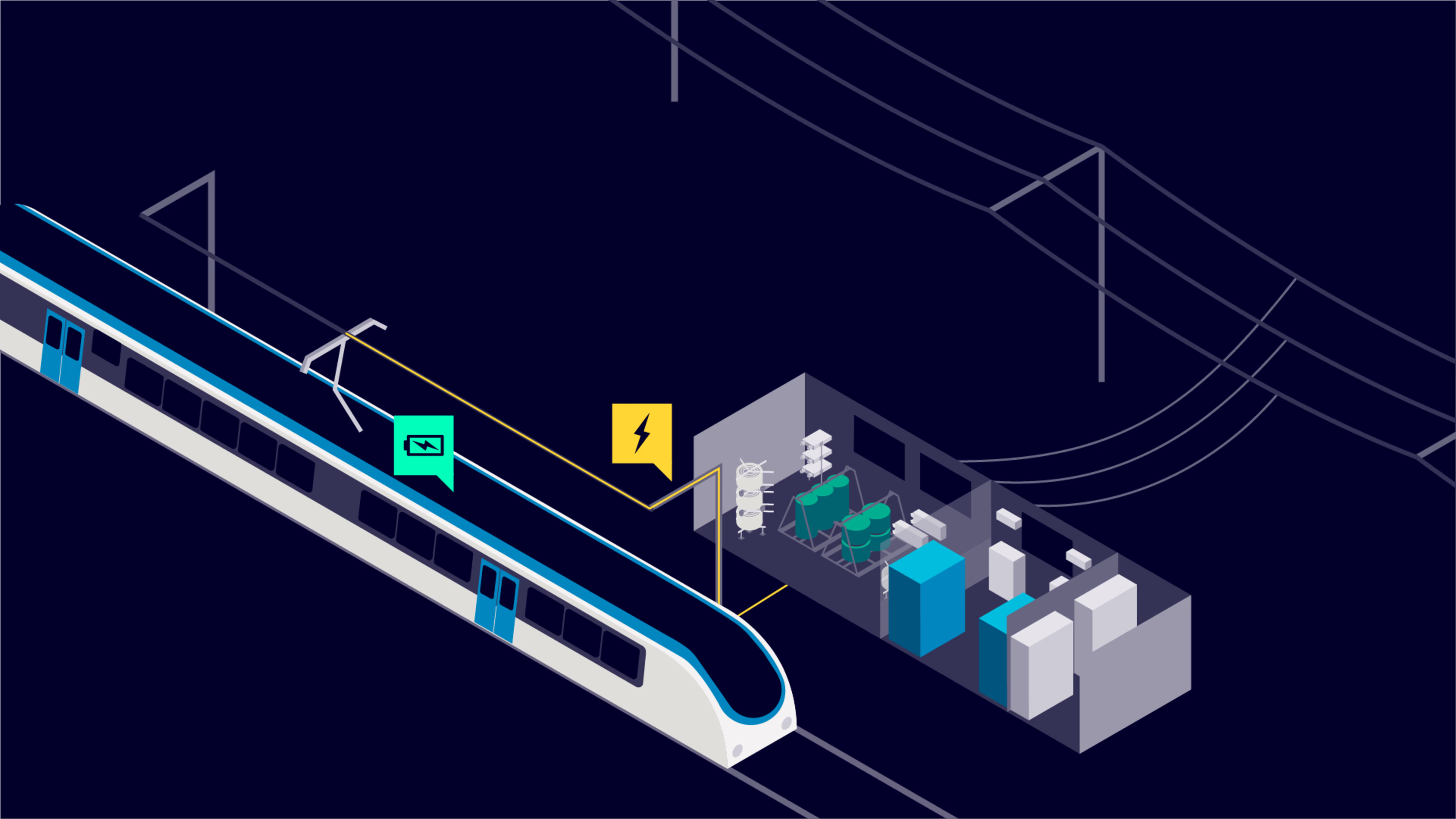 Train and electric substation illustration on dark background Train and electric substation illustration on dark background