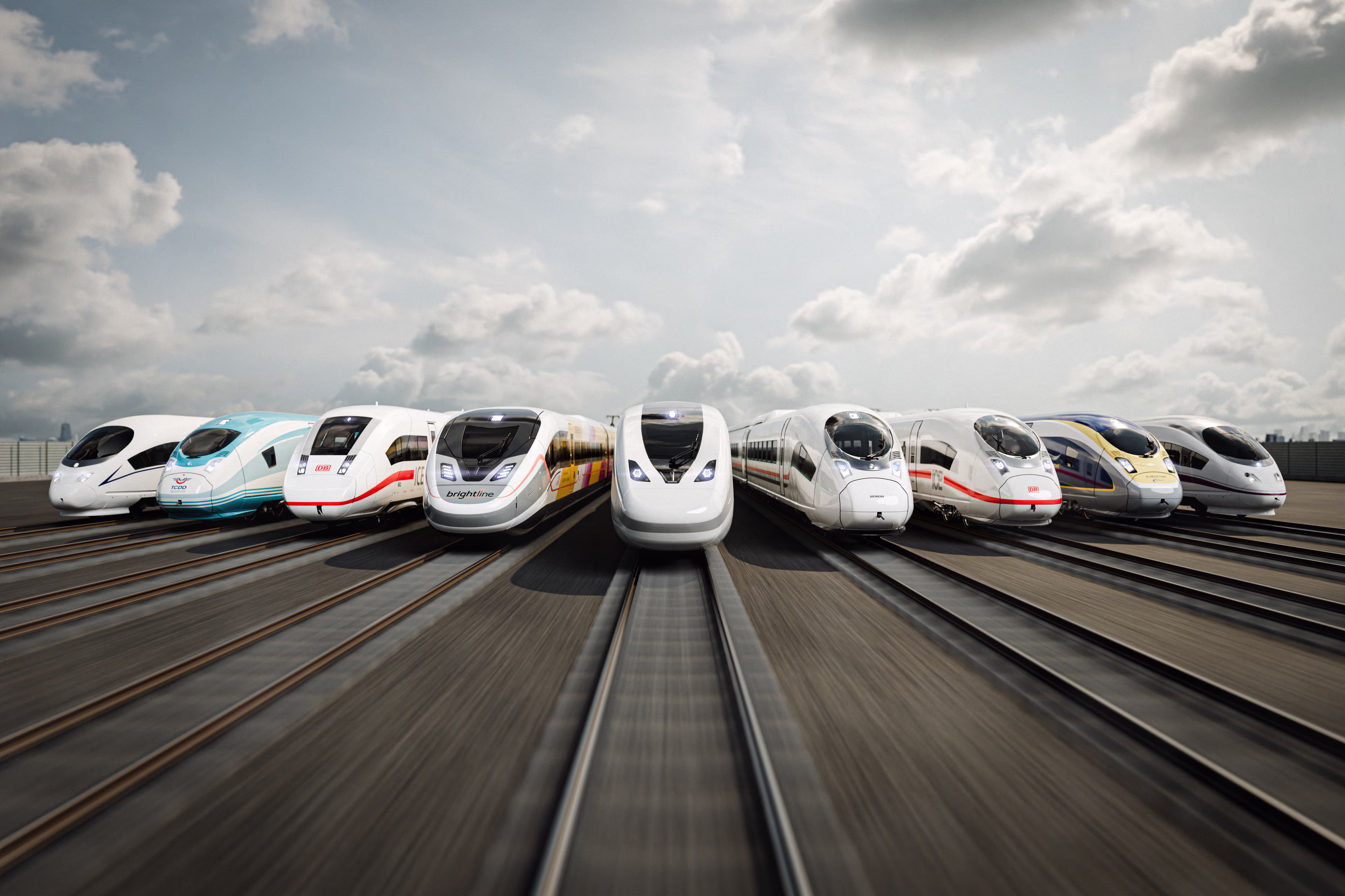 Keyvisual showing the 9 different Velaros in frontview next to each other High-speed and intercity trains keyvisual