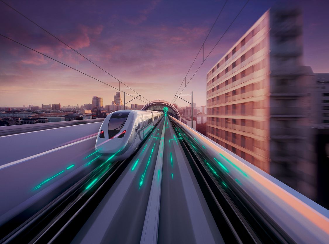 Zug, der auf digitalen Schienen Richtung Zukunft fährt.