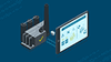ilustração de uma tela de computador exibindo software de gerenciamento de ativos com conexão para uma indústria