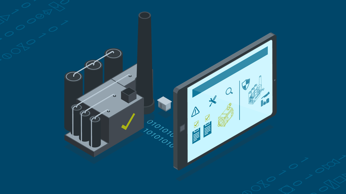 ilustração de uma tela de computador exibindo software de gerenciamento de ativos com conexão para uma indústria