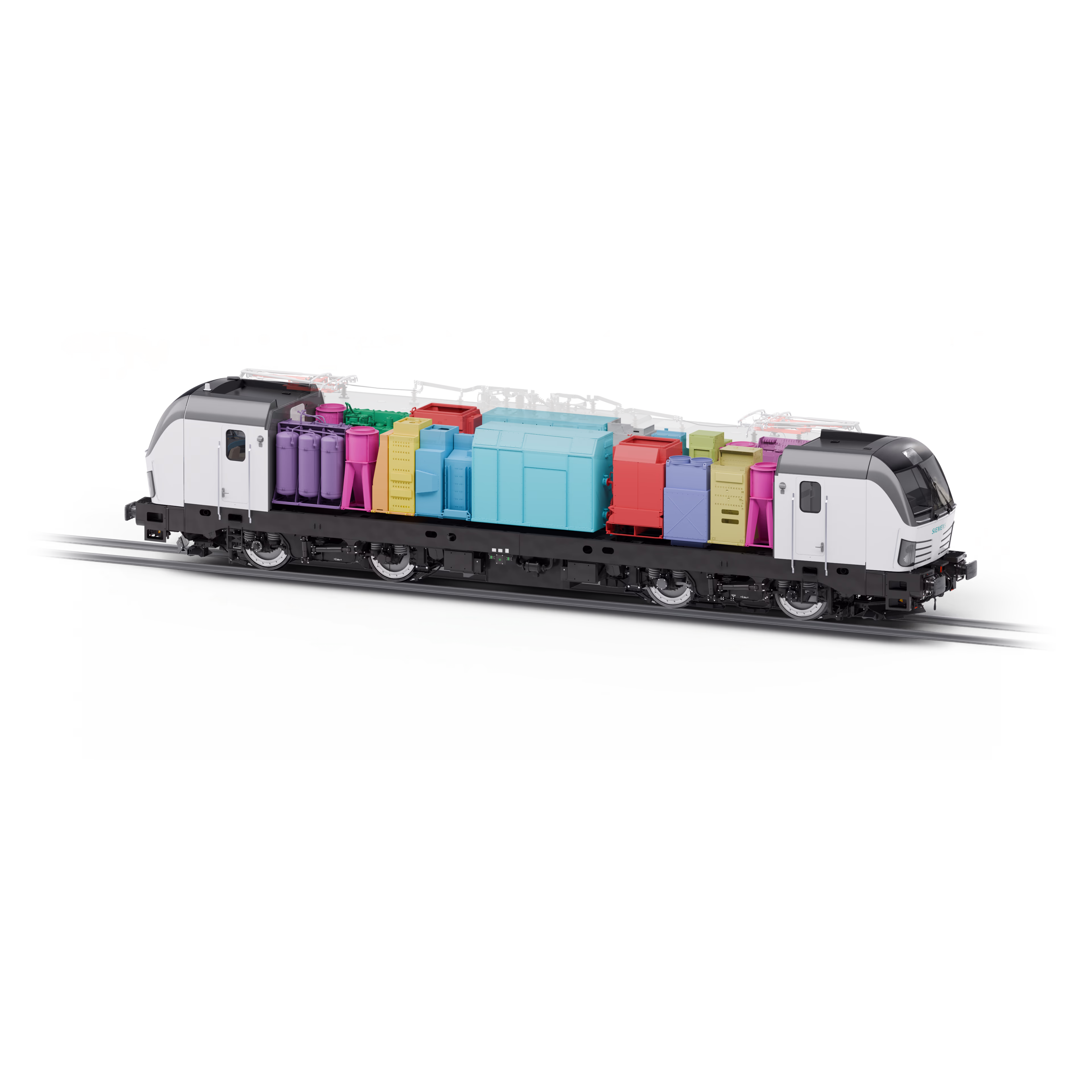 Eine Vectron X-Lokomotive, bei der die Bauteile im Inneren sichtbar sind. Siemens Mobility Vectron X AC Batterie Power Modul