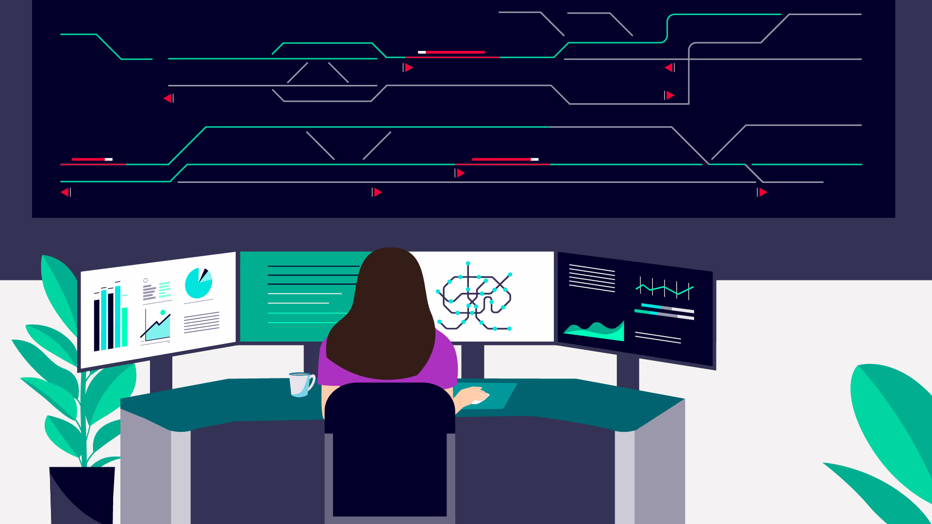 Graphic of railway control center. Siemens Mobility RailXplore ARCS