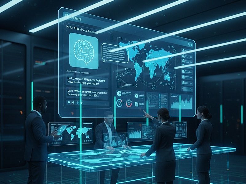 Futuristické AI rozhraní v temné místnosti