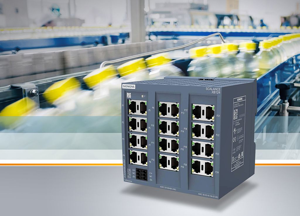 Das Bild zeigt einen kompakten unmanaged Industrial Ethernet Switch der Produktlinie Scalance XB-100