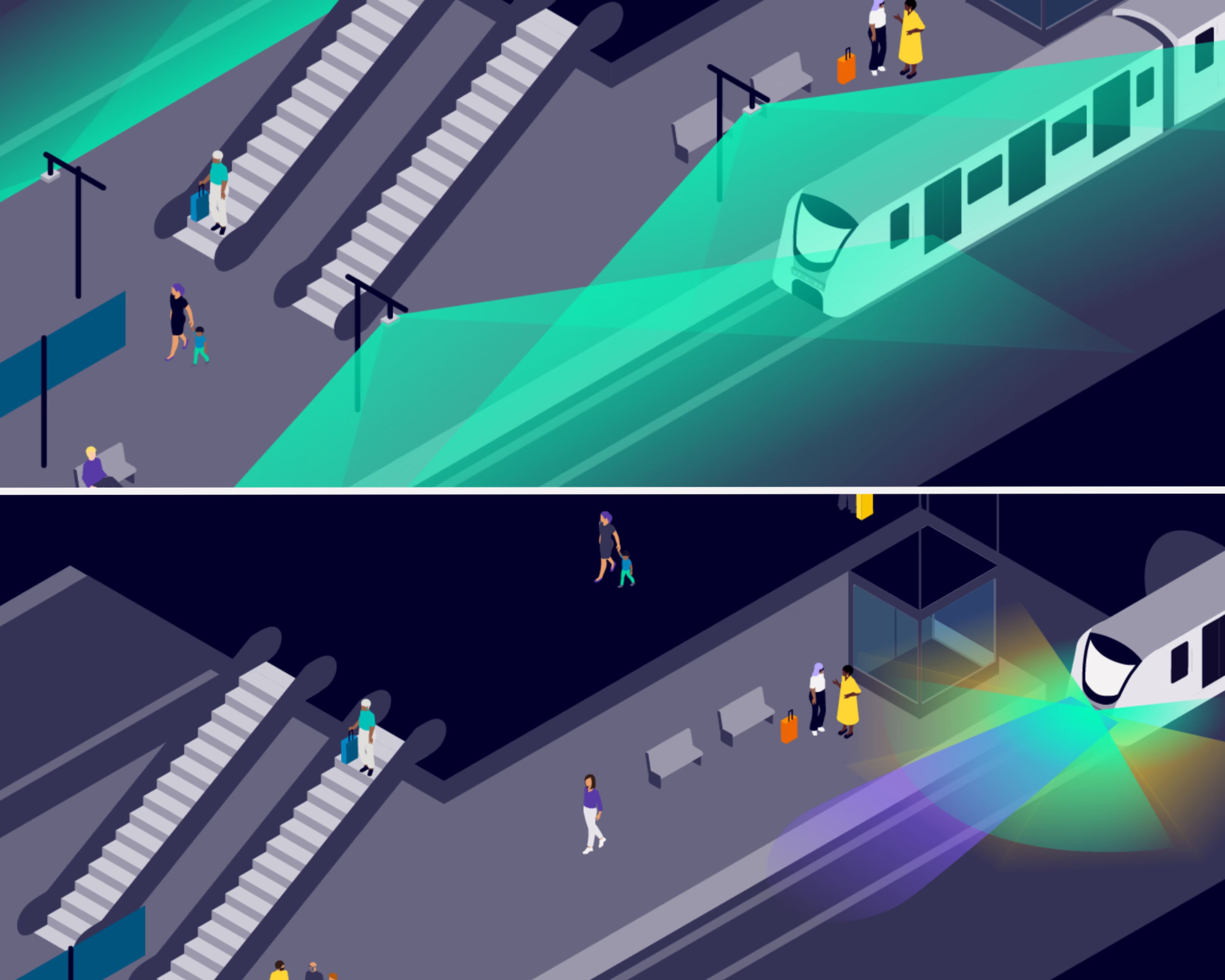Isometric subway station with train, escalators, and people ods-P