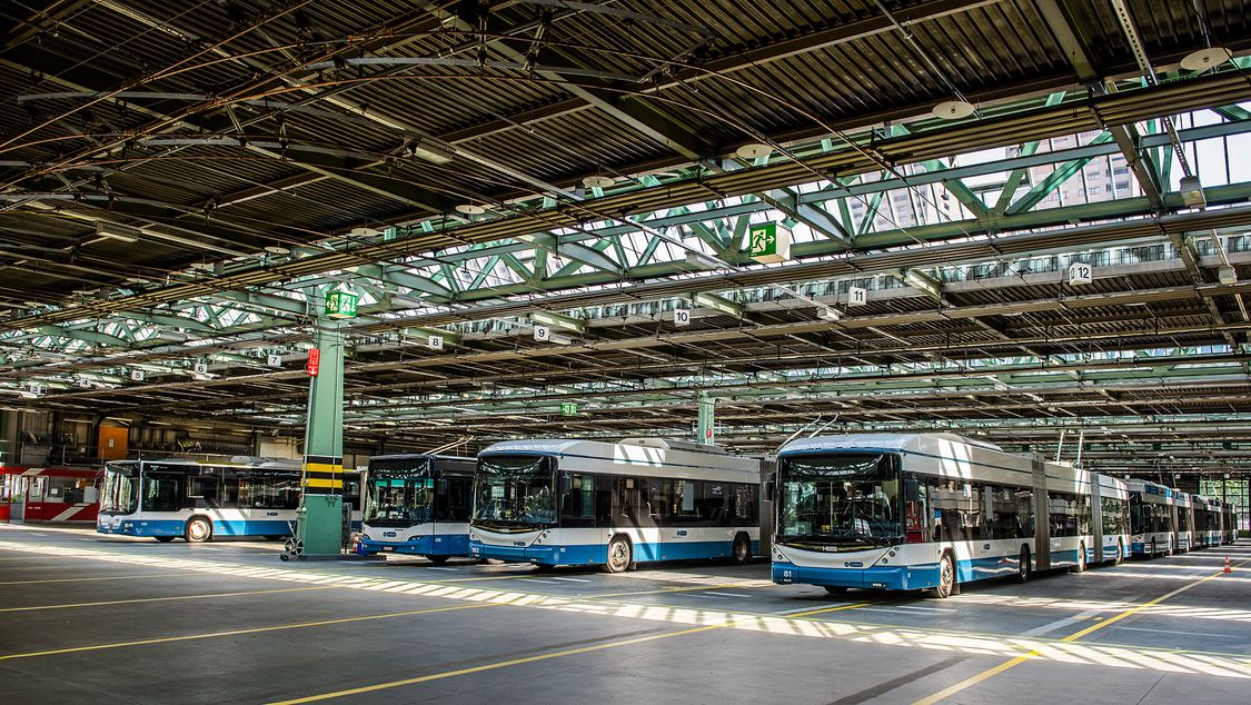 Fleet of eBuses parked in a garage
