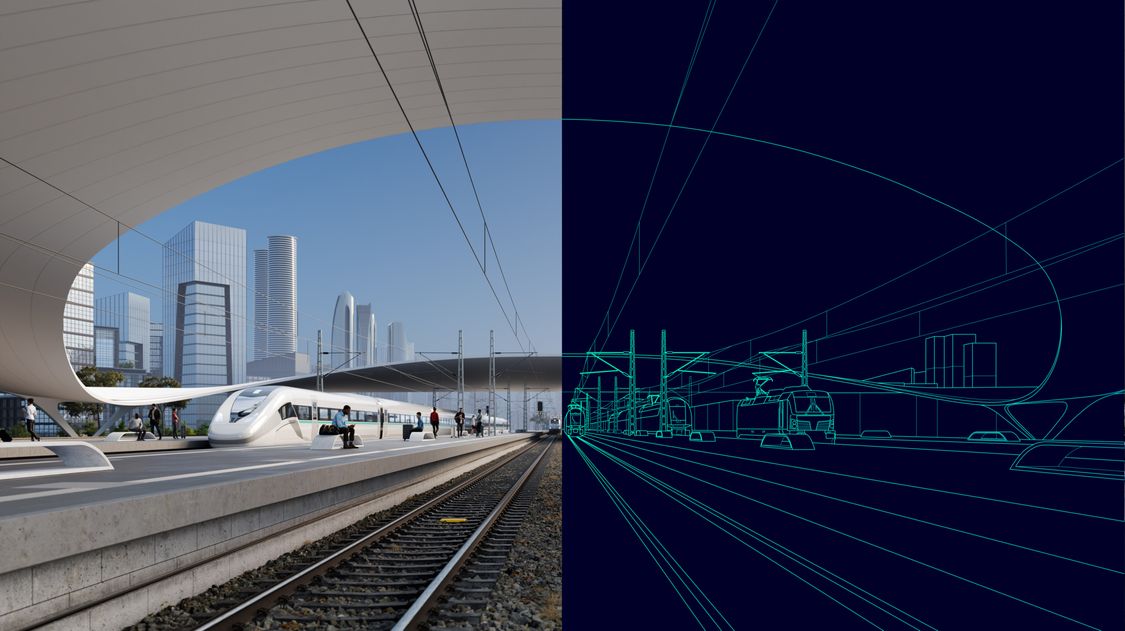 Zwei Projektmanager blicken auf den Zeitplan eines Bahnsystems und visualisieren das fertige Projekt