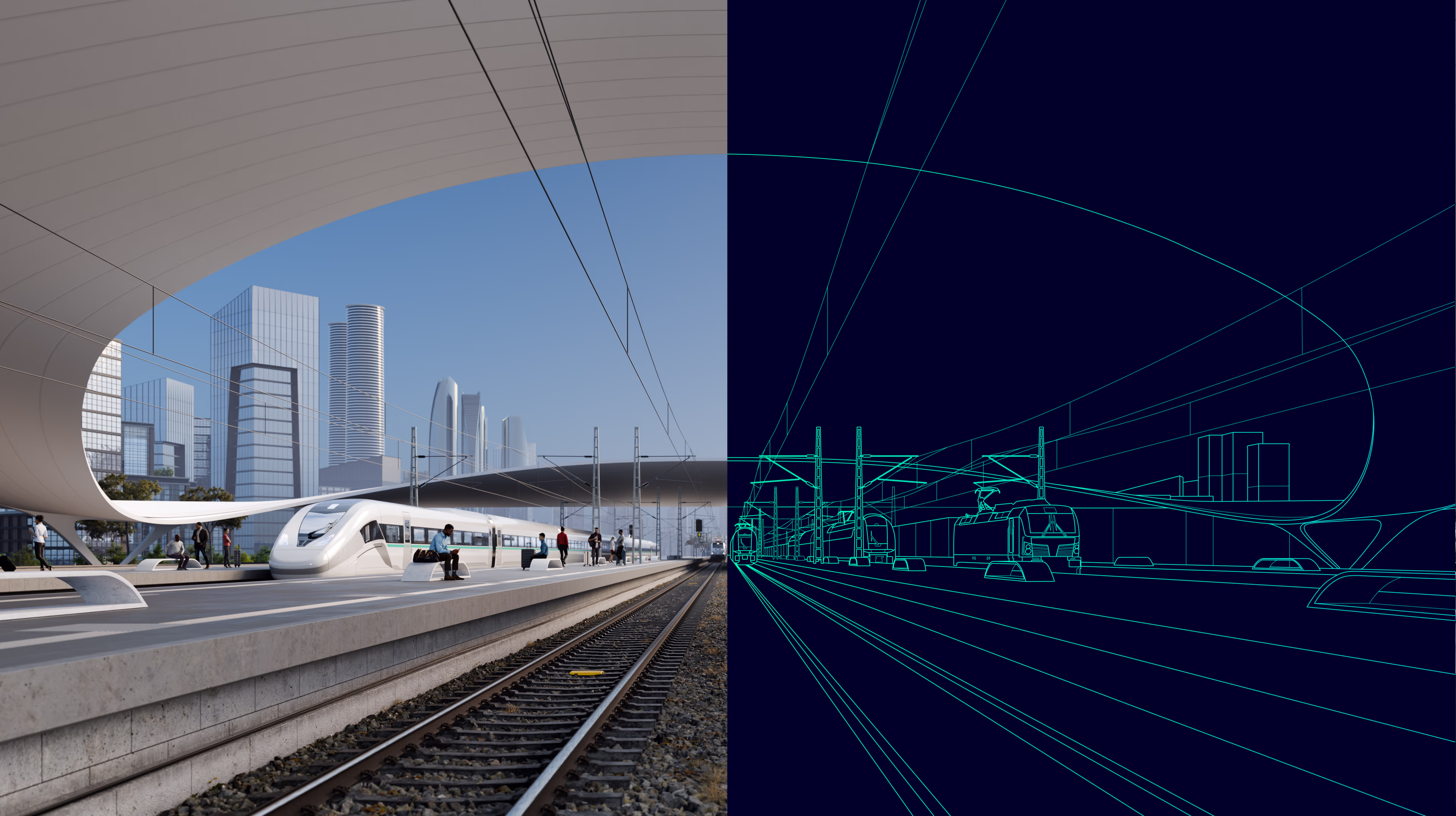 Zwei Projektmanager blicken auf den Zeitplan eines Bahnsystems und visualisieren das fertige Projekt Schlüsselfertiges Bahnsystem