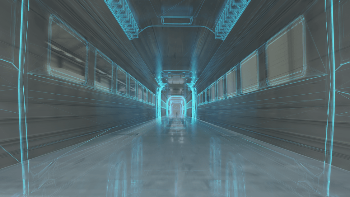 blurred image of empty train car interior with futuristic looking lines highlighting dimensions and structures of train car