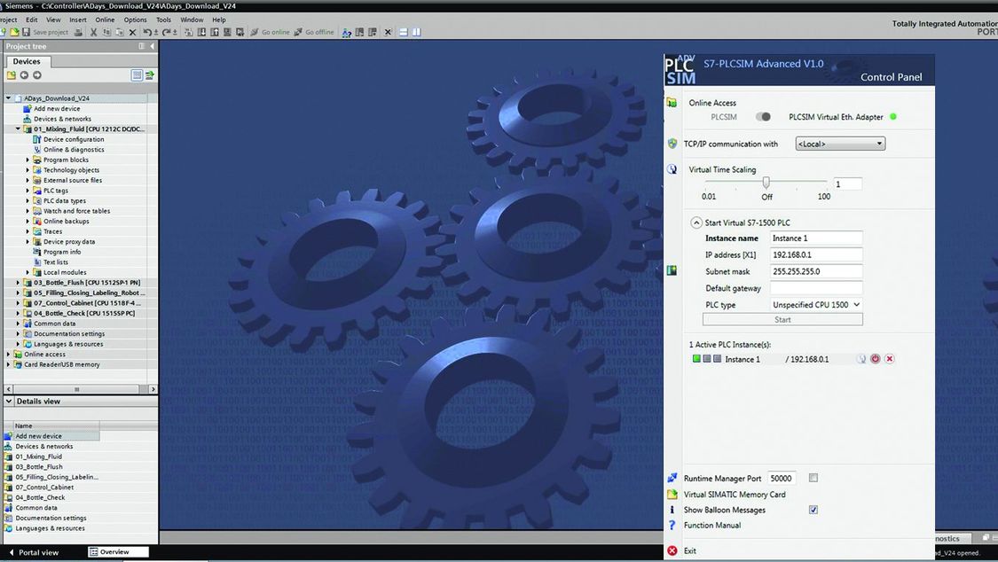 Screenshot of TIA Portal and PLCSIM Advanced