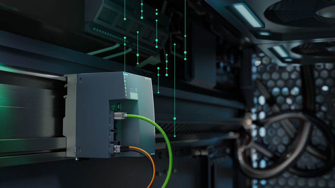 Stilisierte, grafisch bearbeitete Darstellung der SCALANCE LPE Local Processing Platform (lokale Verarbeitungsplattform) in einer digitalen Automatisierungsumgebung