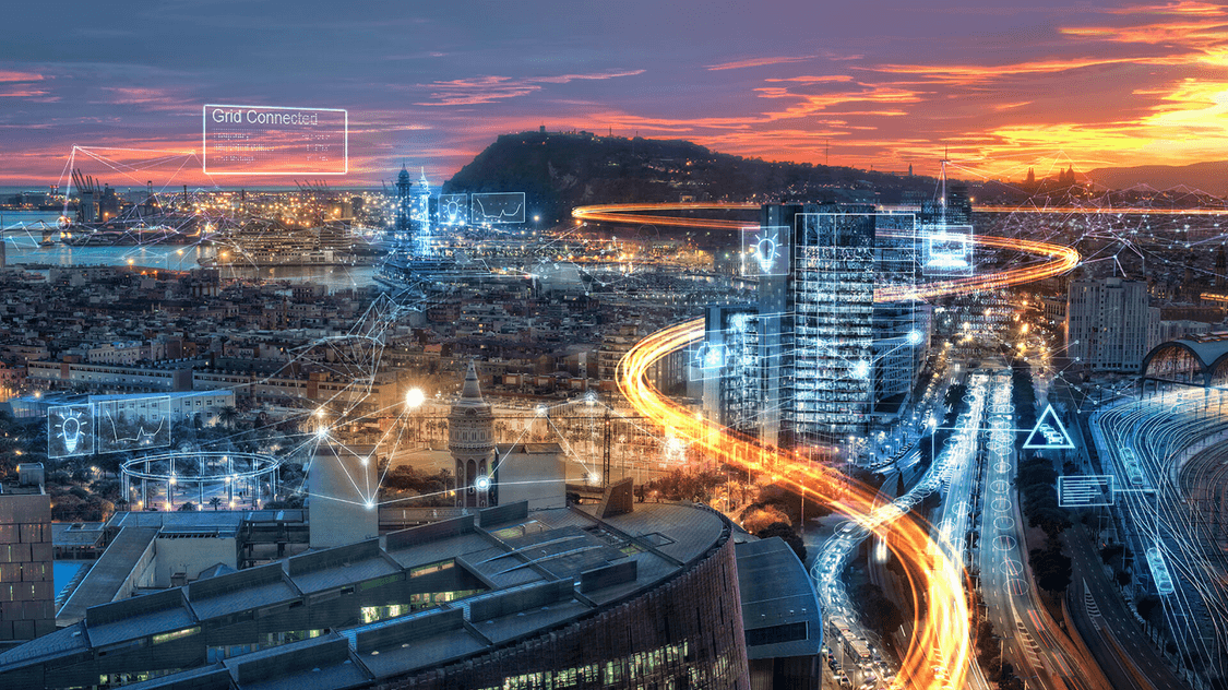 digitally enhanced image of skyline, buildings and highways