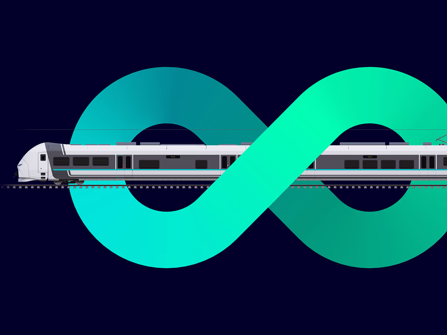 A Mireo train is driving through the openings of an infinity sign on dark blue background. mireo-commuter-keyvisual