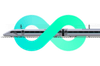 Photomontage of an express train passing through an infinity sign