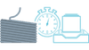 Grafische Darstellung der Vorteile der intelligenten Drahtzugregelung von Siemens mit einem aufgewickelten Draht links, ergänzt durch das Symbol einer Uhr in der Mitte und einer Aktenablage als Symbol für die SIMOTION Bibliothek rechts.