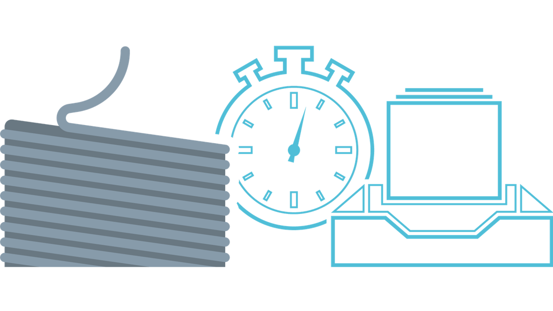 Grafische Darstellung der Vorteile der intelligenten Drahtzugregelung von Siemens mit einem aufgewickelten Draht links, ergänzt durch das Symbol einer Uhr in der Mitte und einer Aktenablage als Symbol für die SIMOTION Bibliothek rechts.