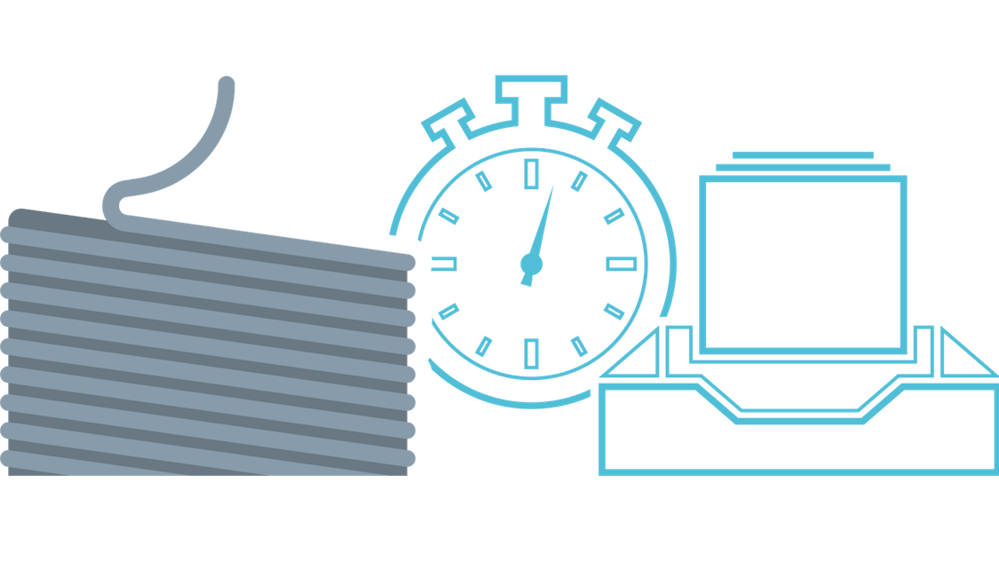 Graphical representation of the advantages of intelligent wire drawing control from Siemens with a wound wire on the left, supplemented by the symbol of a clock in the middle and a file storage as a symbol for the SIMOTION library on the right.