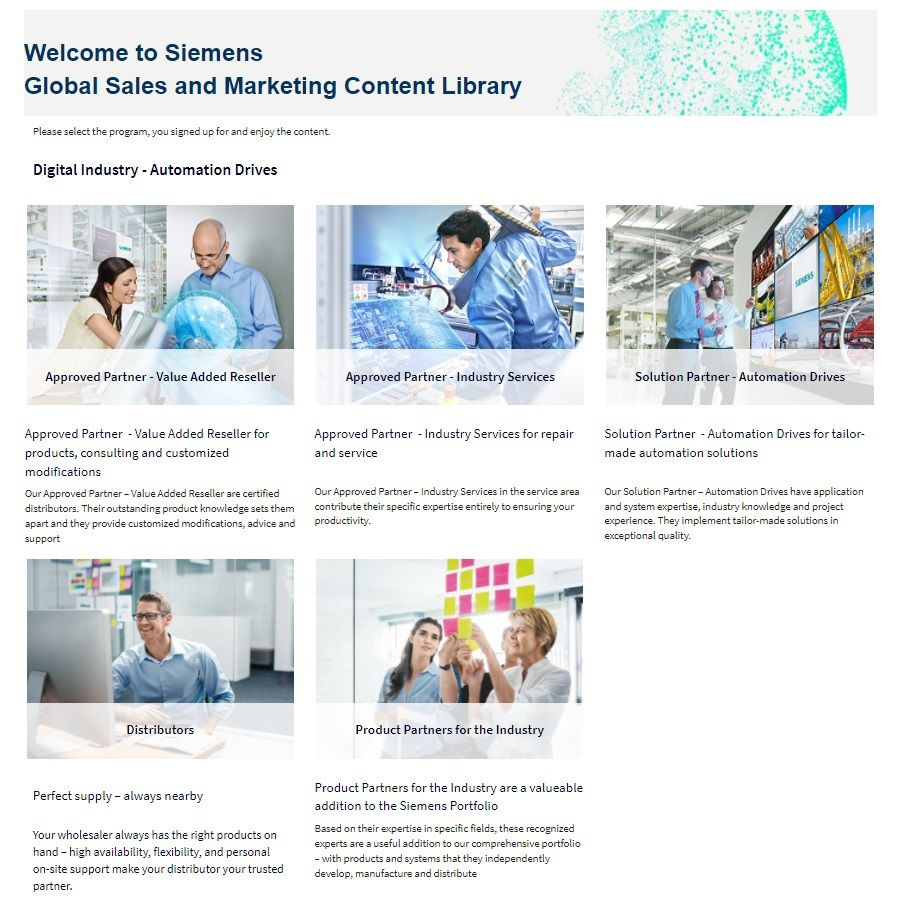 Screenshot of the Siemens Global Sales and Marketing Content Library