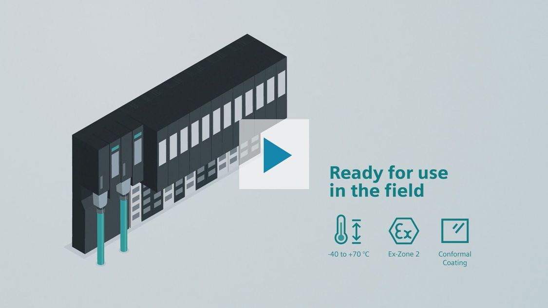 The picture shows the SIMATIC ET 200SP HA distributed periphery on a gray background. Two green PROFINET cables are connected to it. Written to the right of the product illustration is “Ready for use in the field.” Displayed underneath are three icons for the product highlights, indicating that the product can be used at ambient temperatures ranging from -40 to +70°C, that it is suitable for use in hazardous zone 2, and that it is equipped with Conformal Coating. Clicking the play button plays a product introduction video. 
