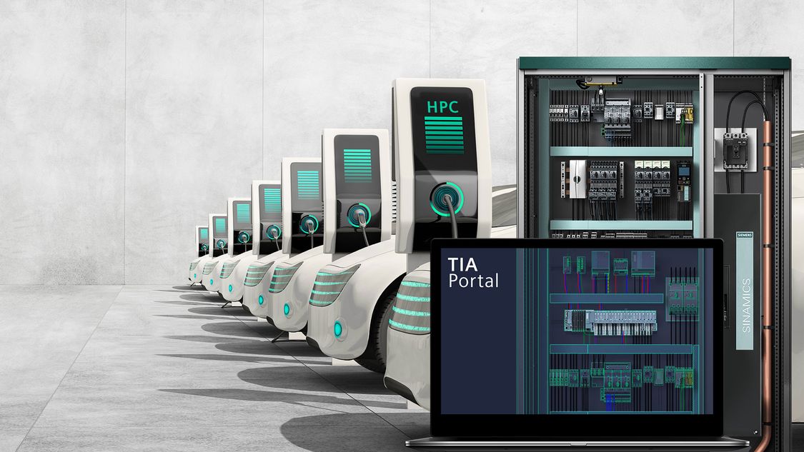 Stylized representation of an automated charging station with SIMATIC controllers
