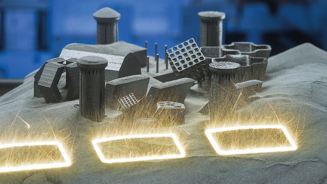 Symbolfoto für Additives Manufacturing mit drei rechteckigen, glühenden MAterialbahnen auf der Werkstückoberfläche