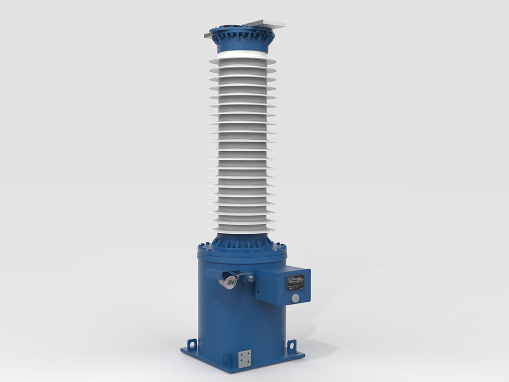 The picture shows a 145 kV Blue voltage transformer