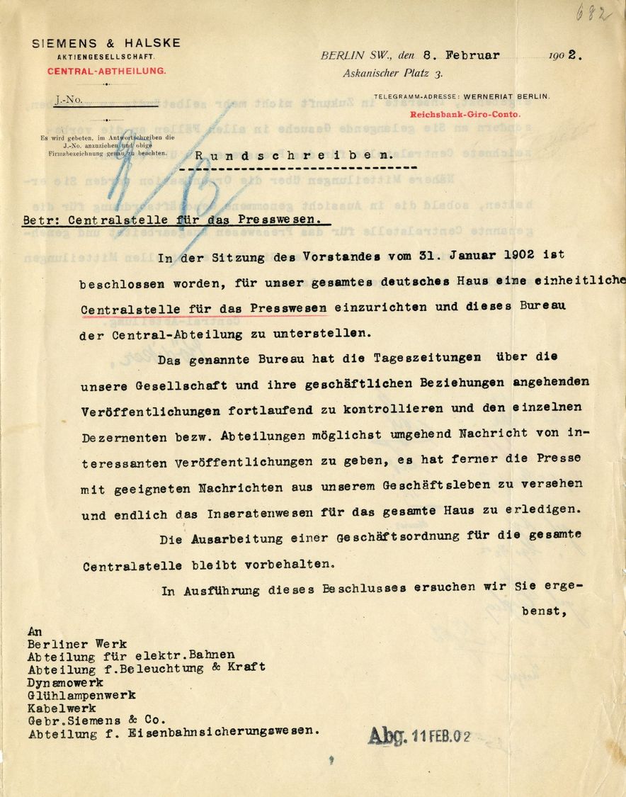 Circular from the Central Office announcing the founding of the press office, dated February 8, 1902