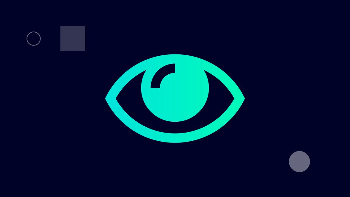 Symbol for more overview thanks to SINEC software family: one eye inside a light blue digital circle.