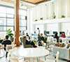 Isometric office with people working, devices, and location pin