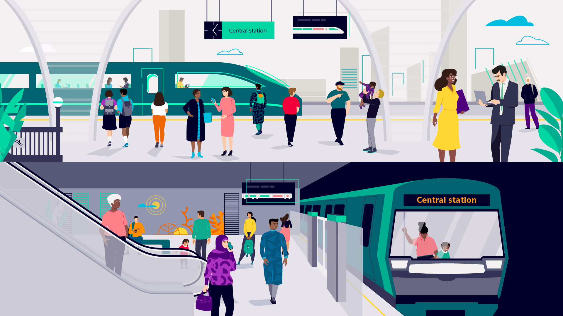 Graphic of railway station above and underground. Siemens Mobility RailXplore Dive