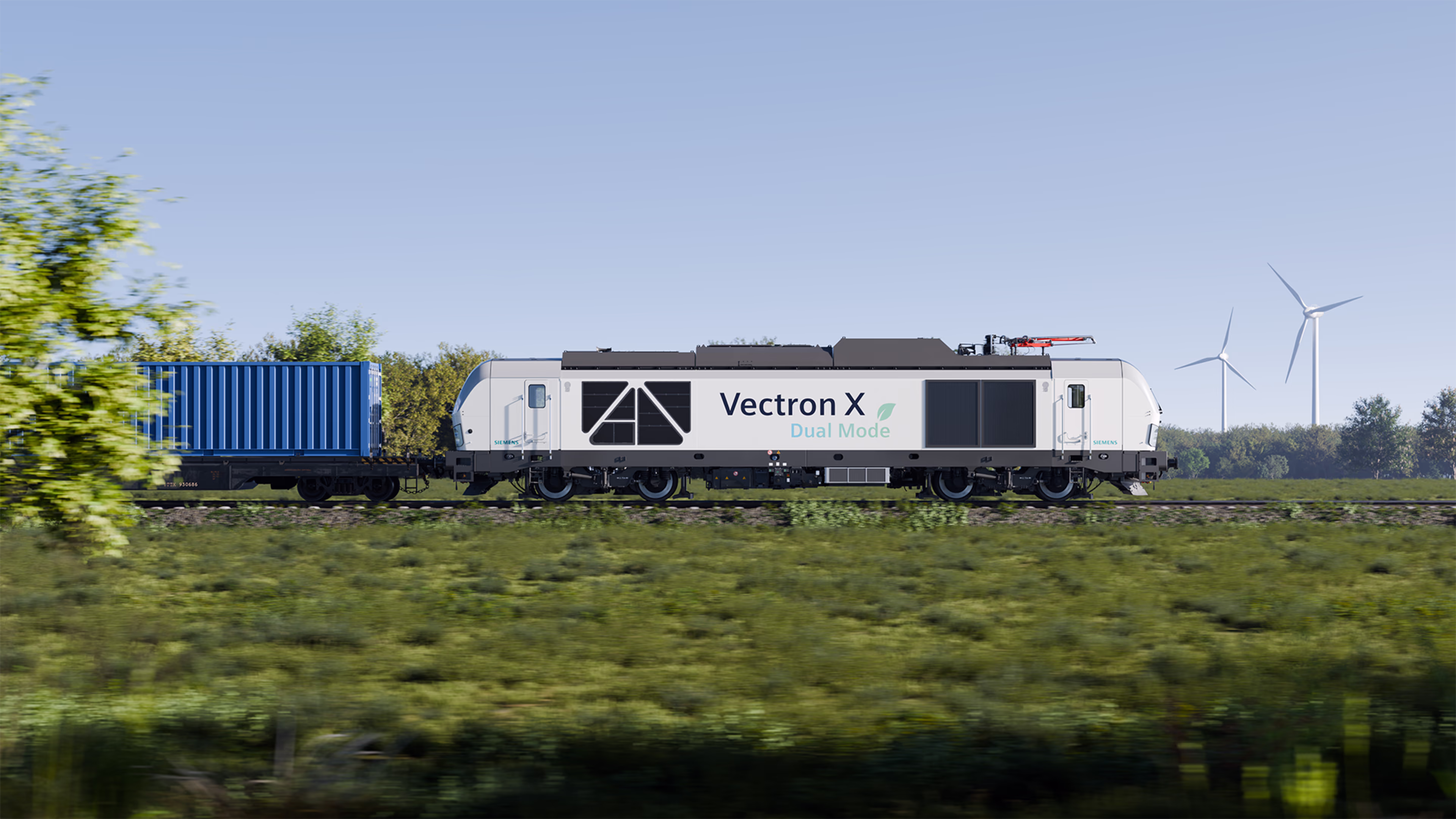 Eine Seitenansicht von Vectron X Dual Mode, der durch die Natur fährt. Es ist kein Fahrdraht zu sehen. Siemens Mobility Vectron X Dual Mode