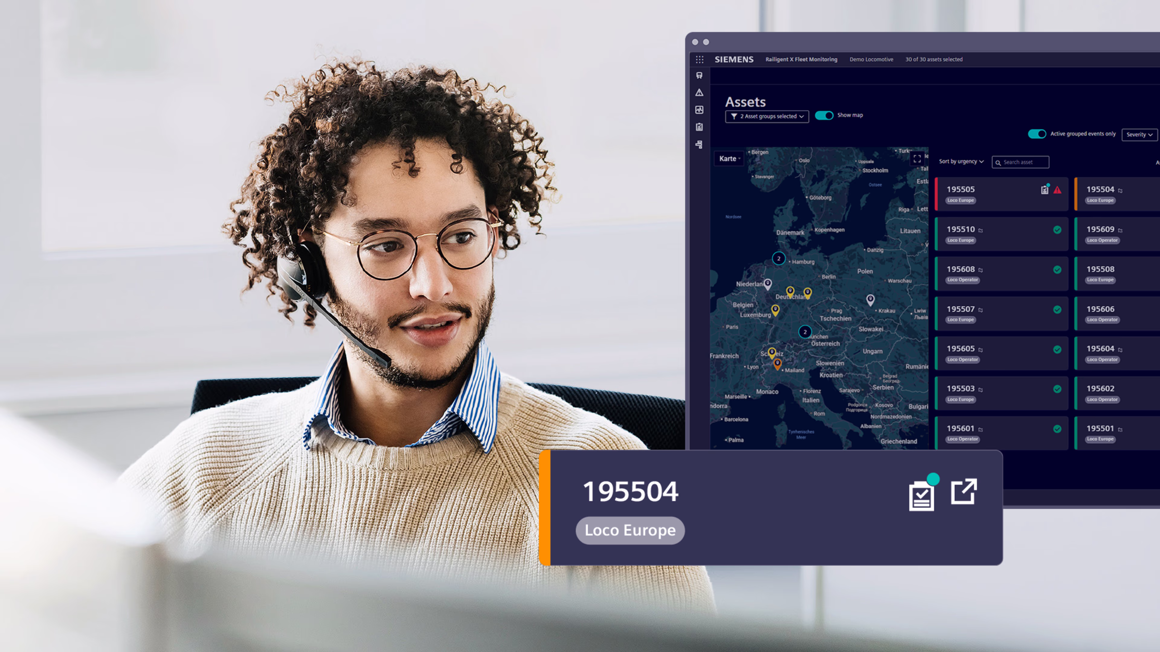 Ein Mann, der ein Headset trägt, schaut in Richtung von Screenshots aus einer App. Siemens Mobility Vectron X Product Bundle Condition Monitoring