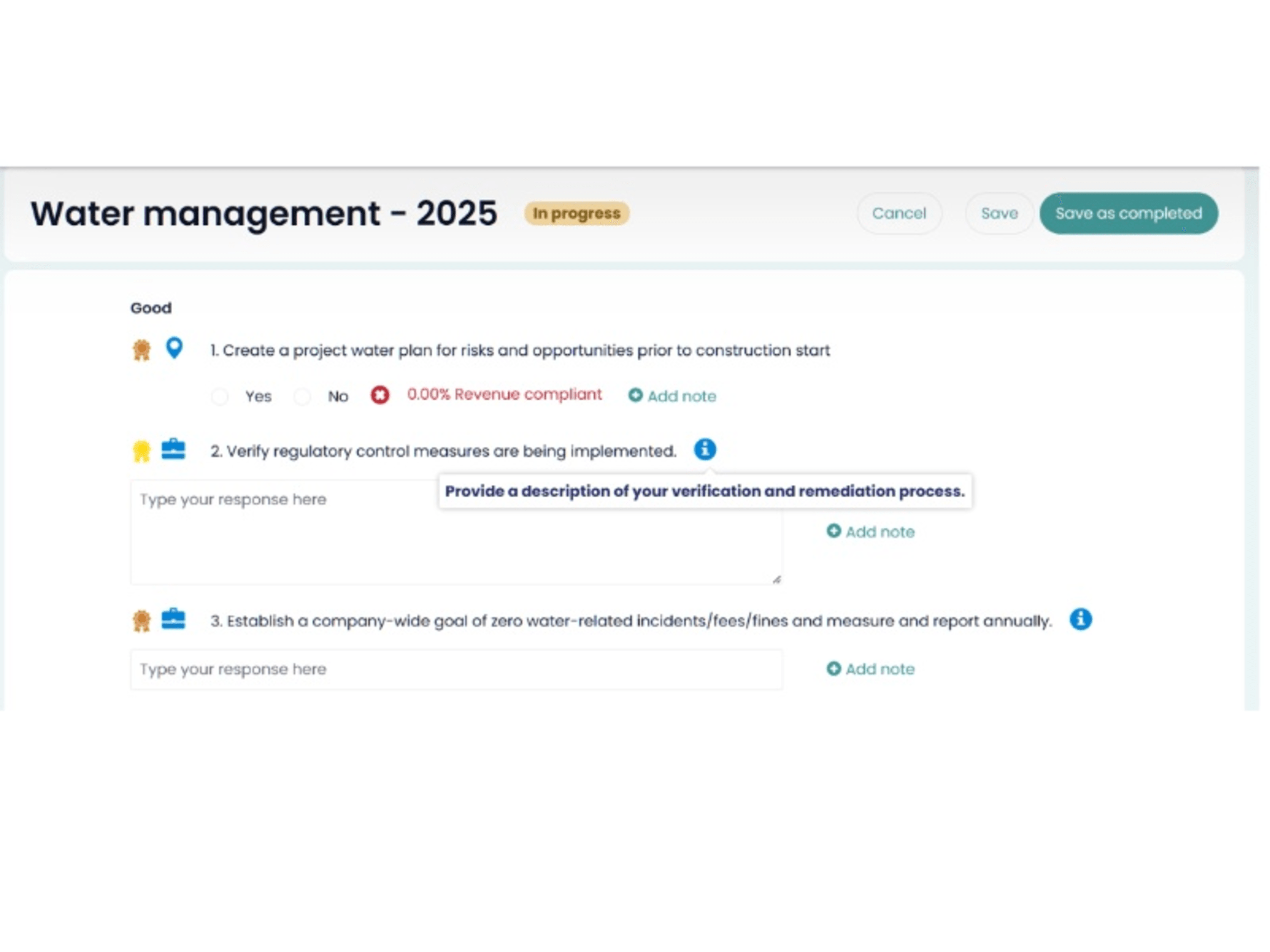 Water management checklist interface