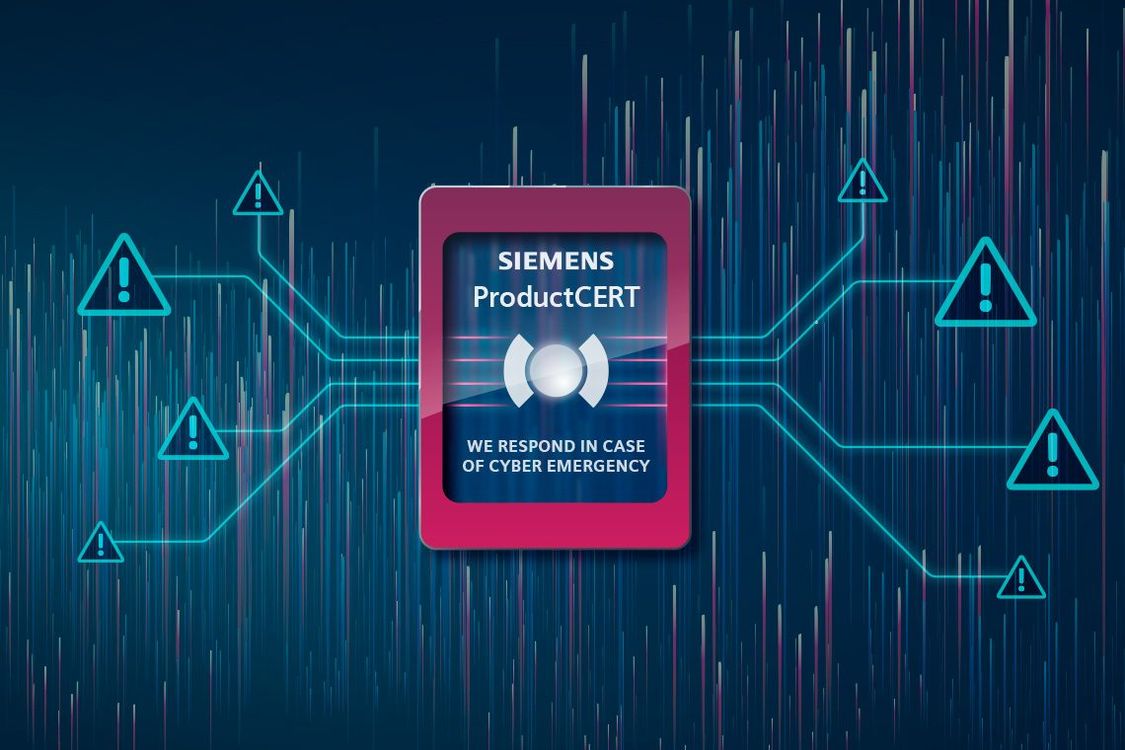 Dieses Siemens ProductCERT-Logo zeigt eine Notfalltaste mit dem Text "Wir reagieren im Falle eines Cyber-Notfalls"