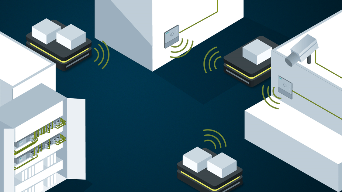 Automaticky řízené vozíky v továrně mezi zařízeními řízenými skrze brány RTLS systému Power over Ethernet
