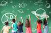 school children drawing space and star icon on the chalkboard