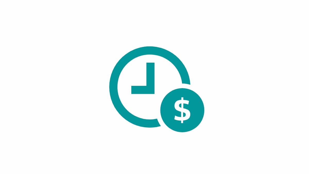 Ein türkisfarbenes Uhrensymbol mit einem Dollarzeichen, das Zeit und Geld symbolisiert. mehrwert-1-kosten-senken