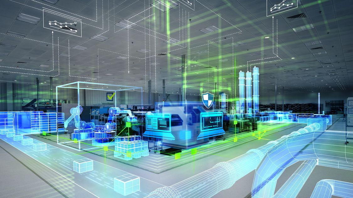 Imagem futurística representando um sistema de automação industrial da Siemens