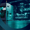Futuristic industrial machine with holographic overlay machine tool